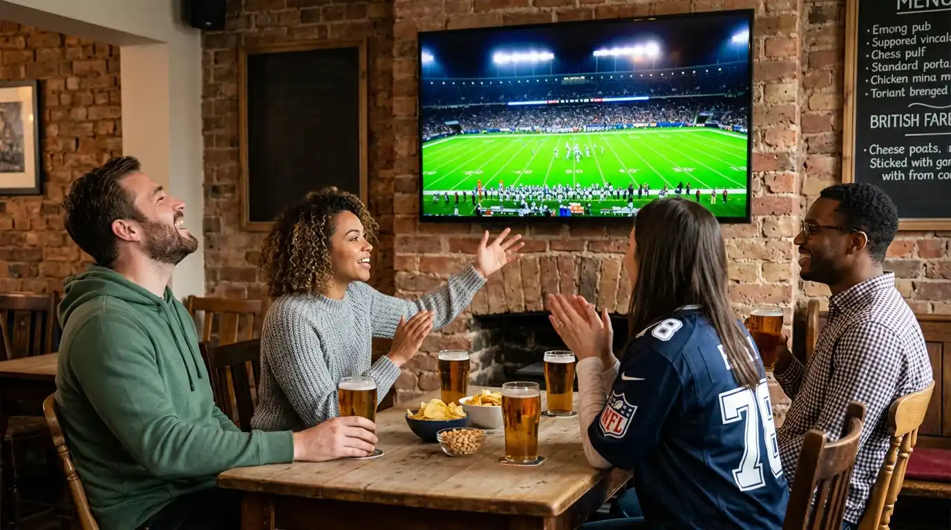 NFL fans in the UK watching an American football game on a large screen in a pub