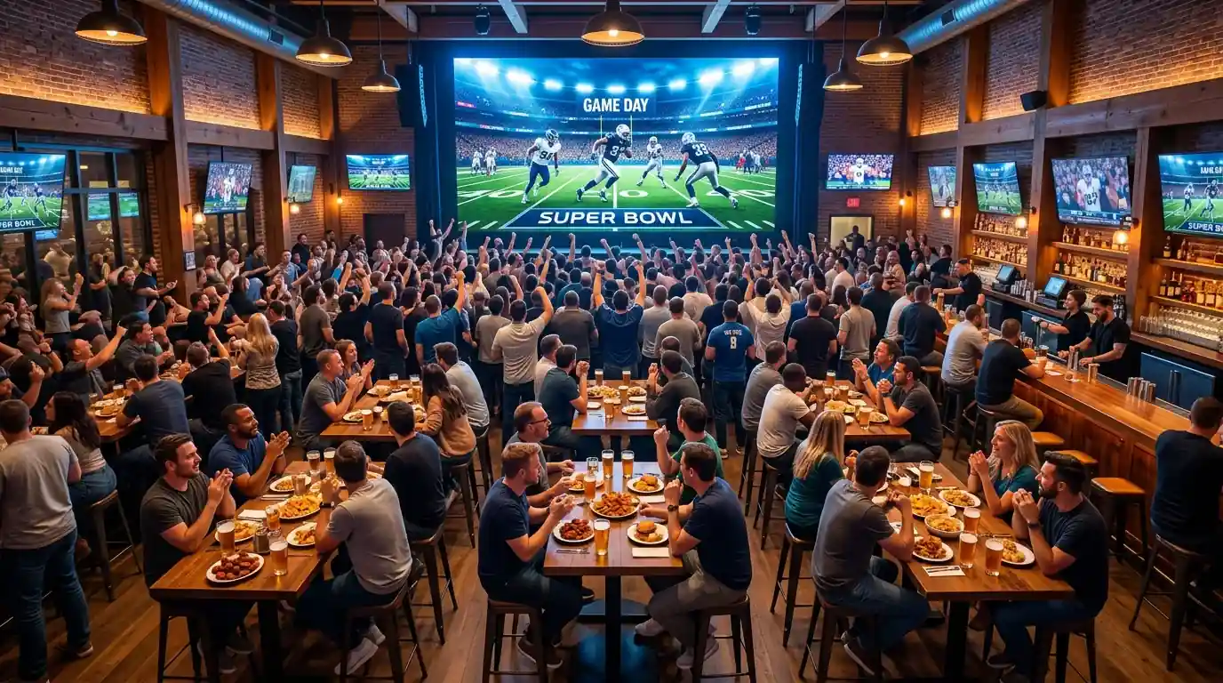 Super Bowl game day atmosphere with fans and large screen showing the match