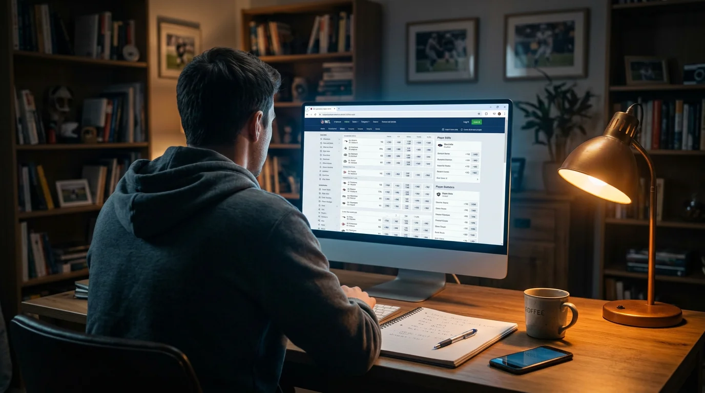 UK online betting on NFL games — analyst reviewing NFL odds on screen in a dimly lit room